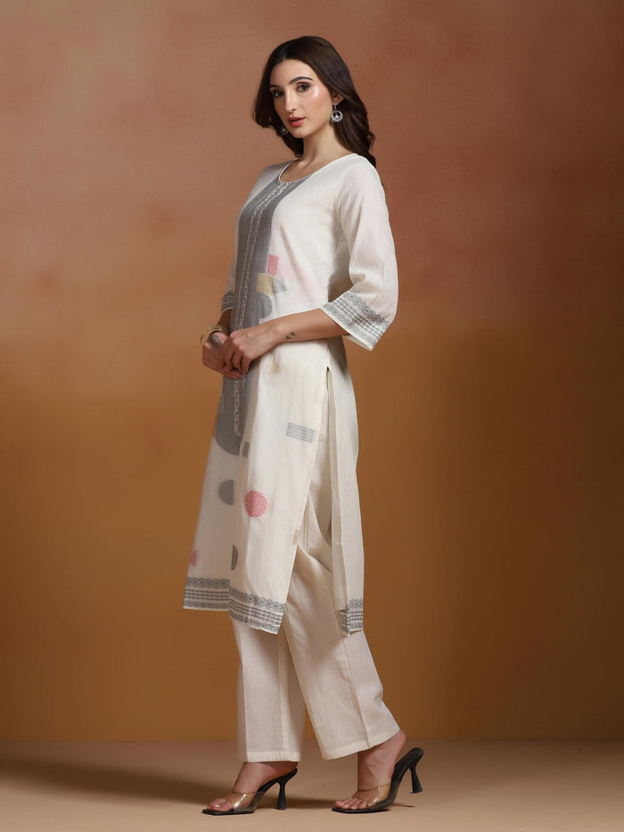 Women Off White Cotton Jacquard Kurta Comfort Pant Dupatta.