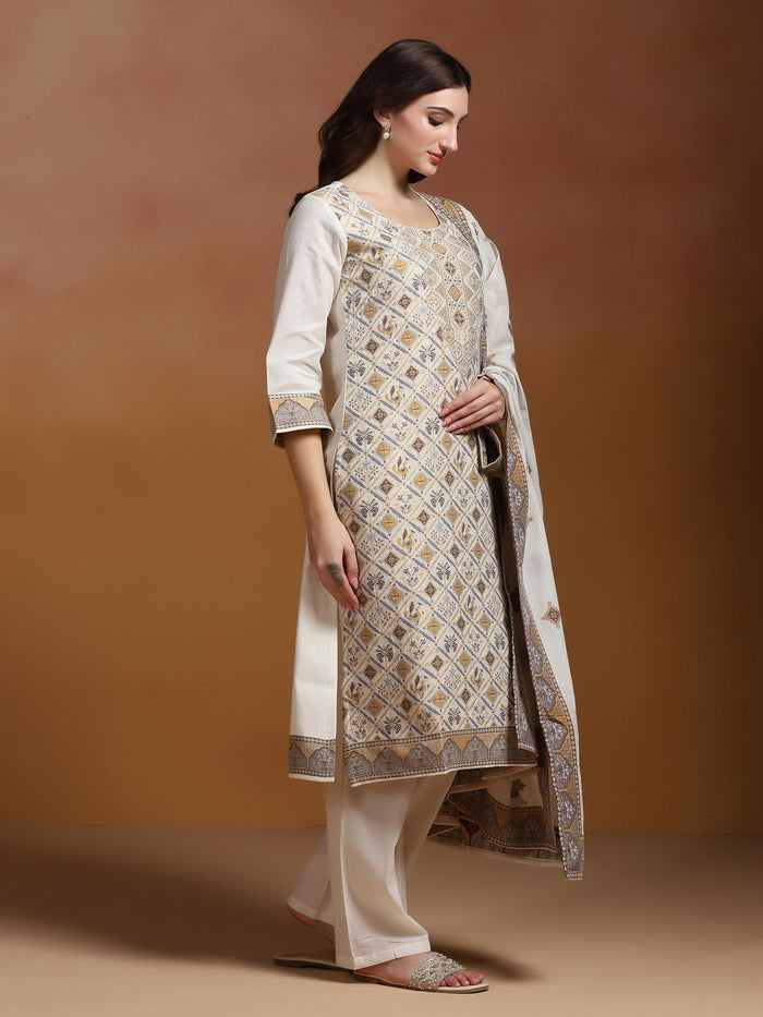 Women Off White  Cotton Jacquard Kurta Comfort Pant Dupatta.