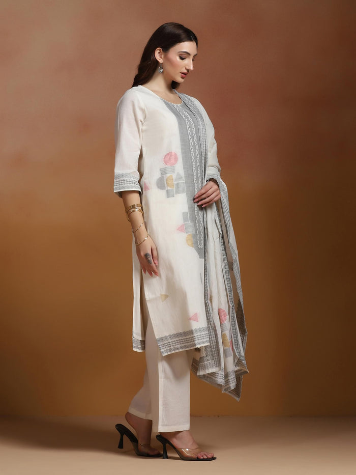 Women Off White Cotton Jacquard Kurta Comfort Pant Dupatta.