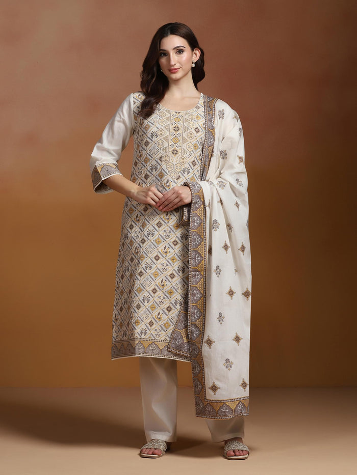 Women Off White  Cotton Jacquard Kurta Comfort Pant Dupatta.
