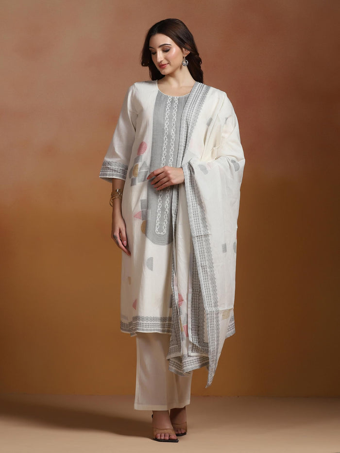 Women Off White Cotton Jacquard Kurta Comfort Pant Dupatta.