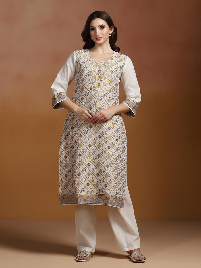 Women Off White  Cotton Jacquard Kurta Comfort Pant Dupatta.