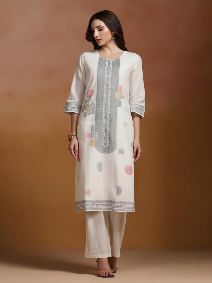 Women Off White Cotton Jacquard Kurta Comfort Pant Dupatta.