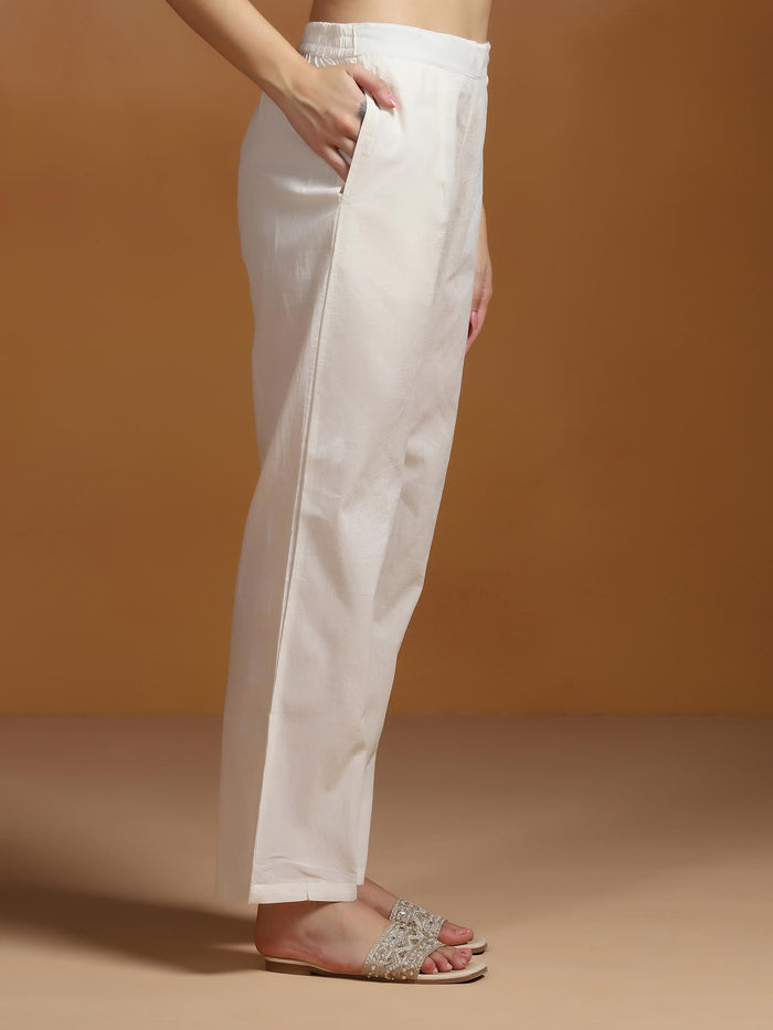 Women Off White  Cotton Jacquard Kurta Comfort Pant Dupatta.