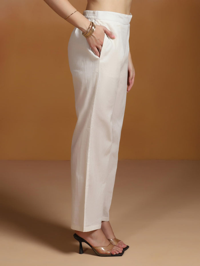 Women Off White Cotton Jacquard Kurta Comfort Pant Dupatta.
