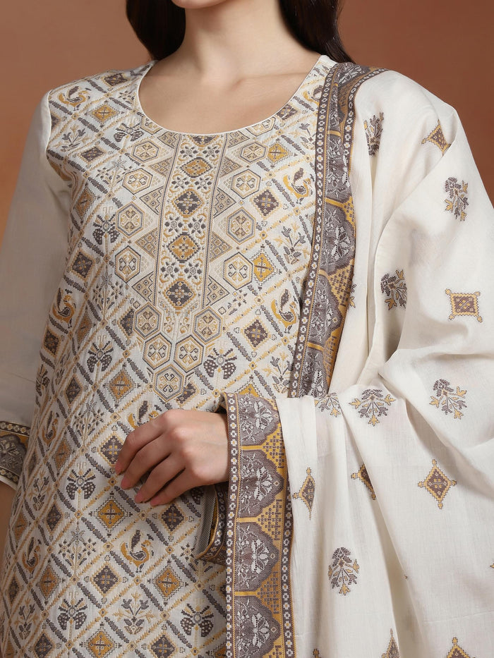 Women Off White  Cotton Jacquard Kurta Comfort Pant Dupatta.