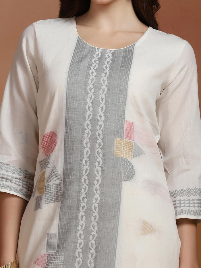 Women Off White Cotton Jacquard Kurta Comfort Pant Dupatta.