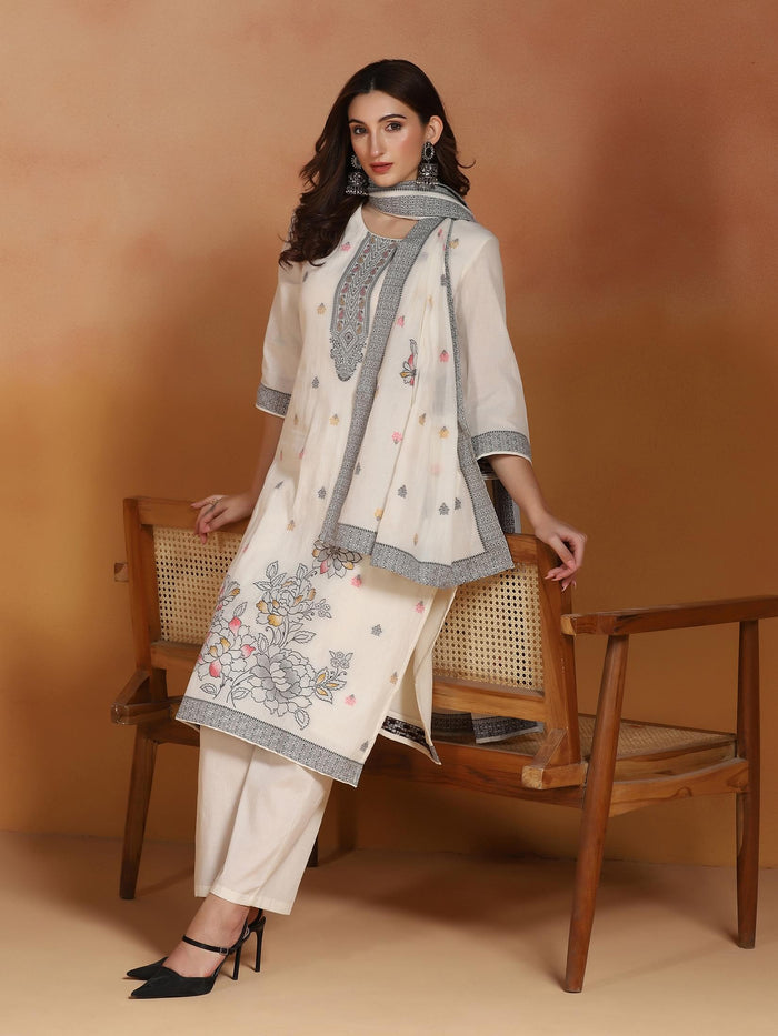 Women Off White  Cotton Jacquard Kurta Comfort Pant With Dupatta.