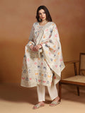 Women Off White Cotton Jacquard Kurta Comfort Pant With Dupatta.