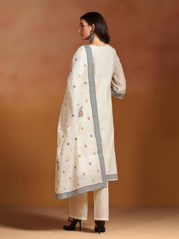 Women Off White  Cotton Jacquard Kurta Comfort Pant With Dupatta.