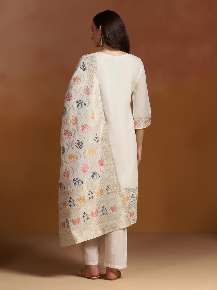Women Off White Cotton Jacquard Kurta Comfort Pant With Dupatta.