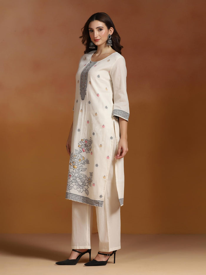 Women Off White  Cotton Jacquard Kurta Comfort Pant With Dupatta.