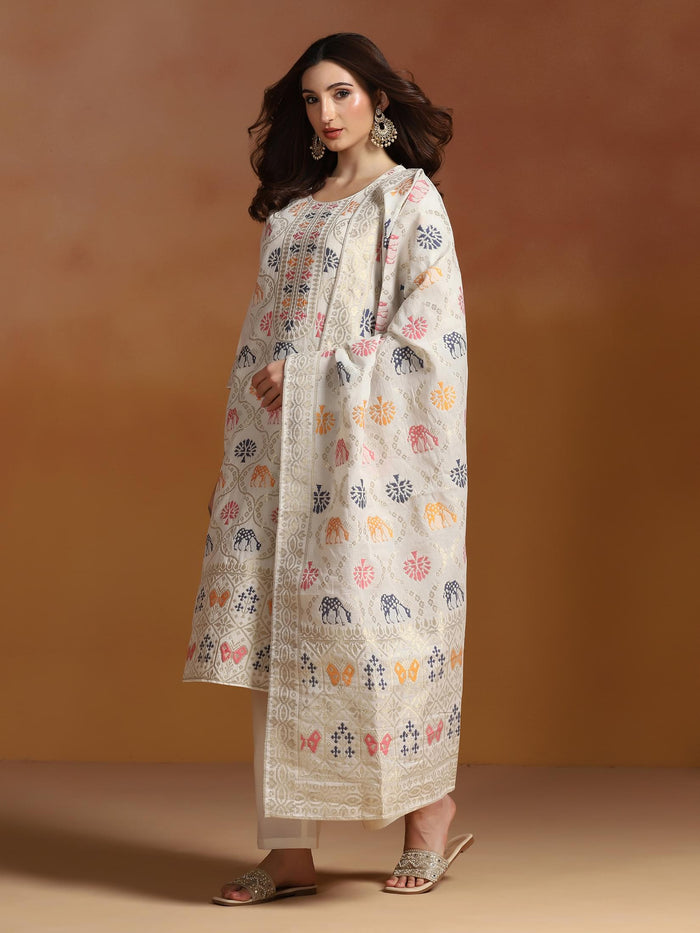 Women Off White Cotton Jacquard Kurta Comfort Pant With Dupatta.