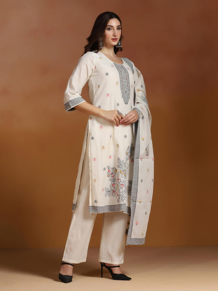 Women Off White  Cotton Jacquard Kurta Comfort Pant With Dupatta.