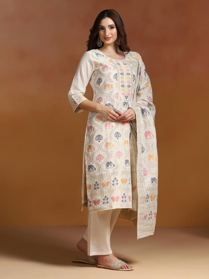 Women Off White Cotton Jacquard Kurta Comfort Pant With Dupatta.