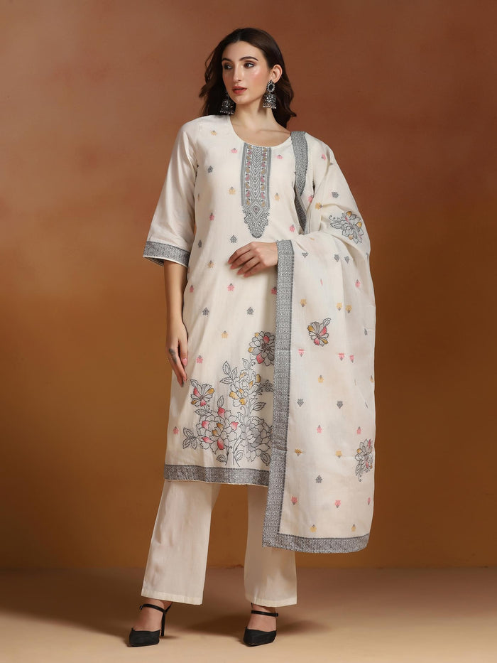 Women Off White  Cotton Jacquard Kurta Comfort Pant With Dupatta.