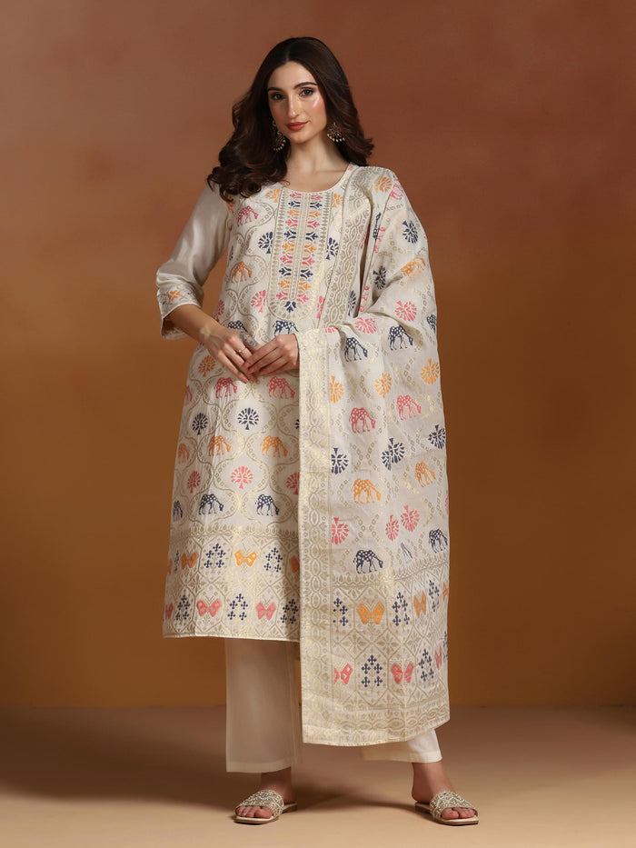 Women Off White Cotton Jacquard Kurta Comfort Pant With Dupatta.