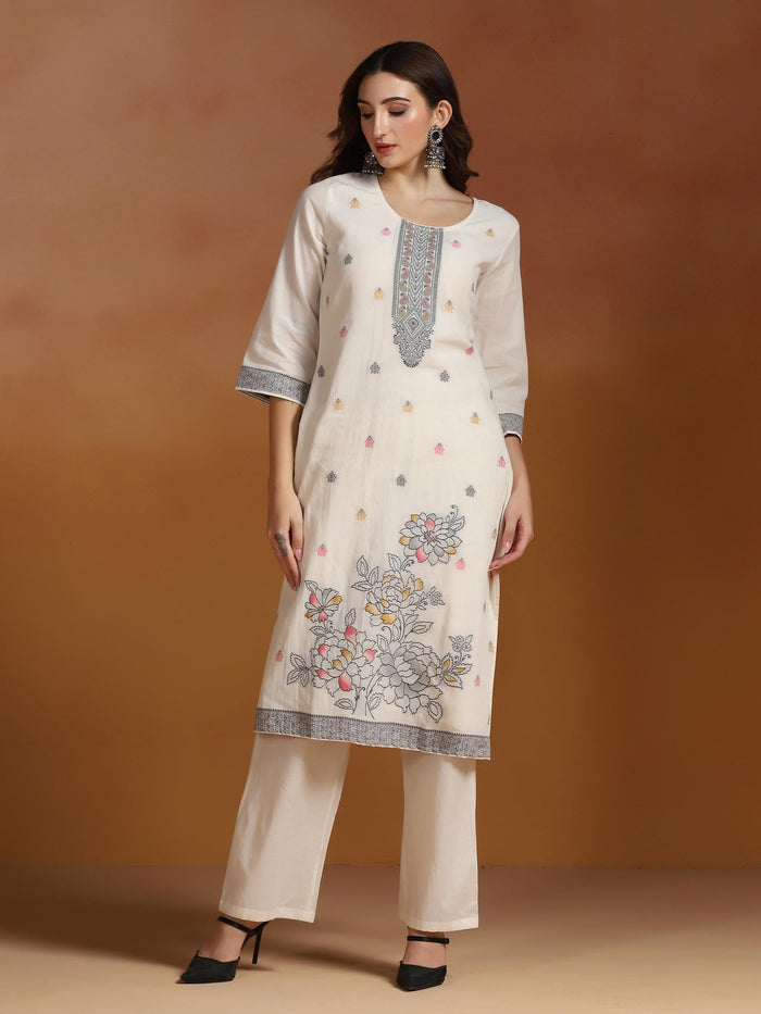 Women Off White  Cotton Jacquard Kurta Comfort Pant With Dupatta.