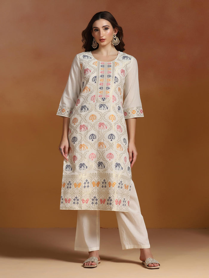 Women Off White Cotton Jacquard Kurta Comfort Pant With Dupatta.