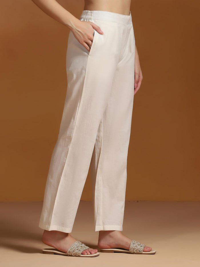 Women Off White Cotton Jacquard Kurta Comfort Pant With Dupatta.