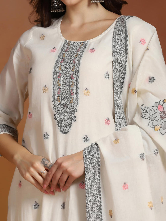 Women Off White  Cotton Jacquard Kurta Comfort Pant With Dupatta.
