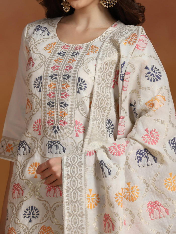Women Off White Cotton Jacquard Kurta Comfort Pant With Dupatta.