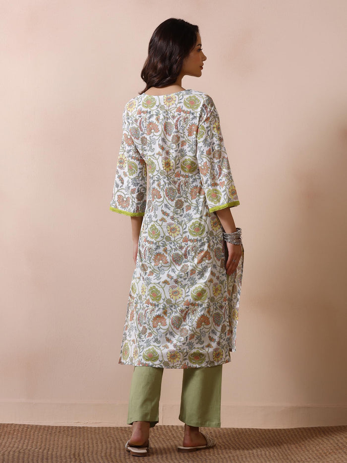 Women Off White Cotton Printed Kurta.