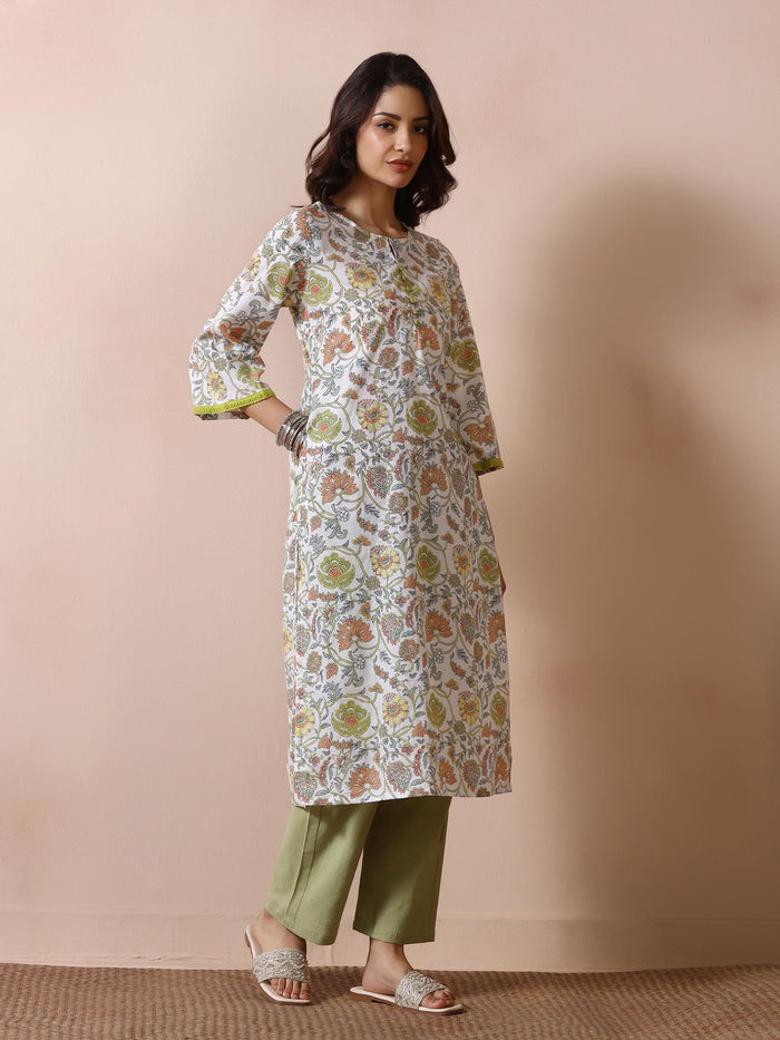 Women Off White Cotton Printed Kurta.