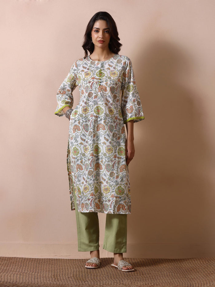 Women Off White Cotton Printed Kurta.