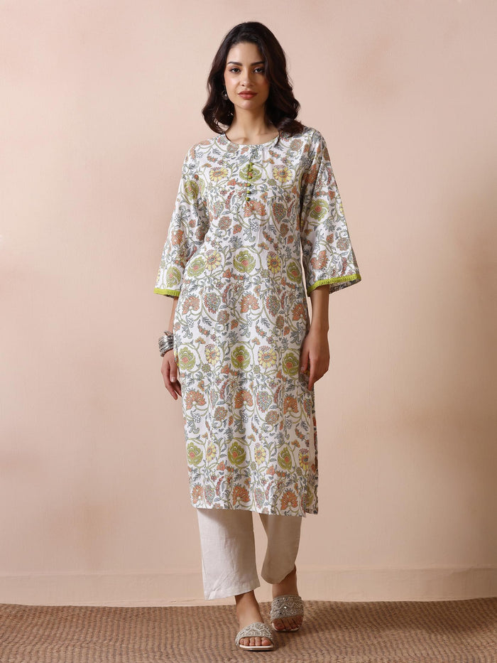 Women Off White Cotton Printed Kurta.