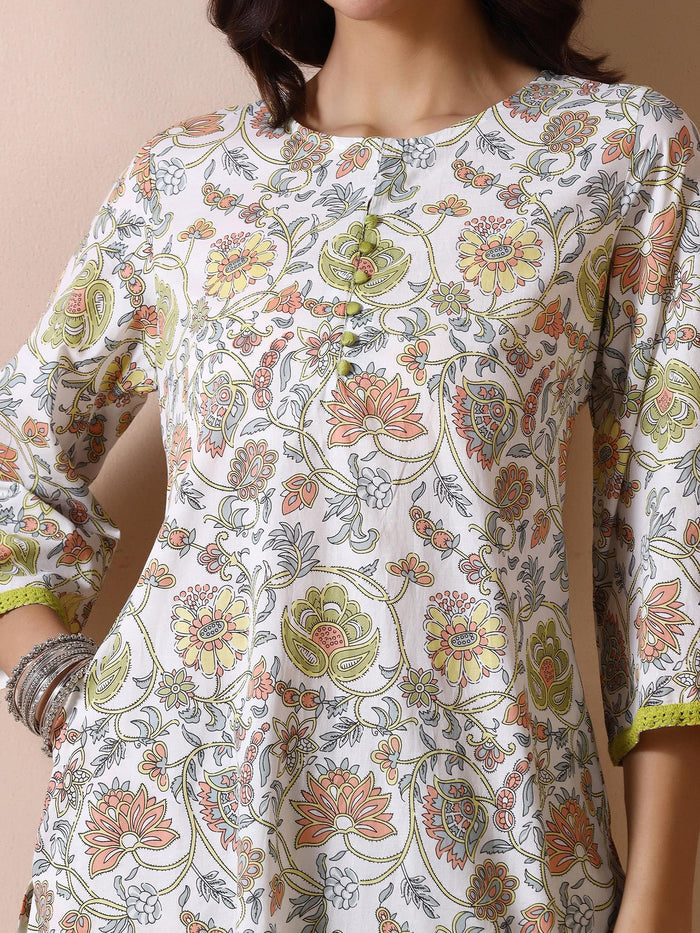 Women Off White Cotton Printed Kurta.
