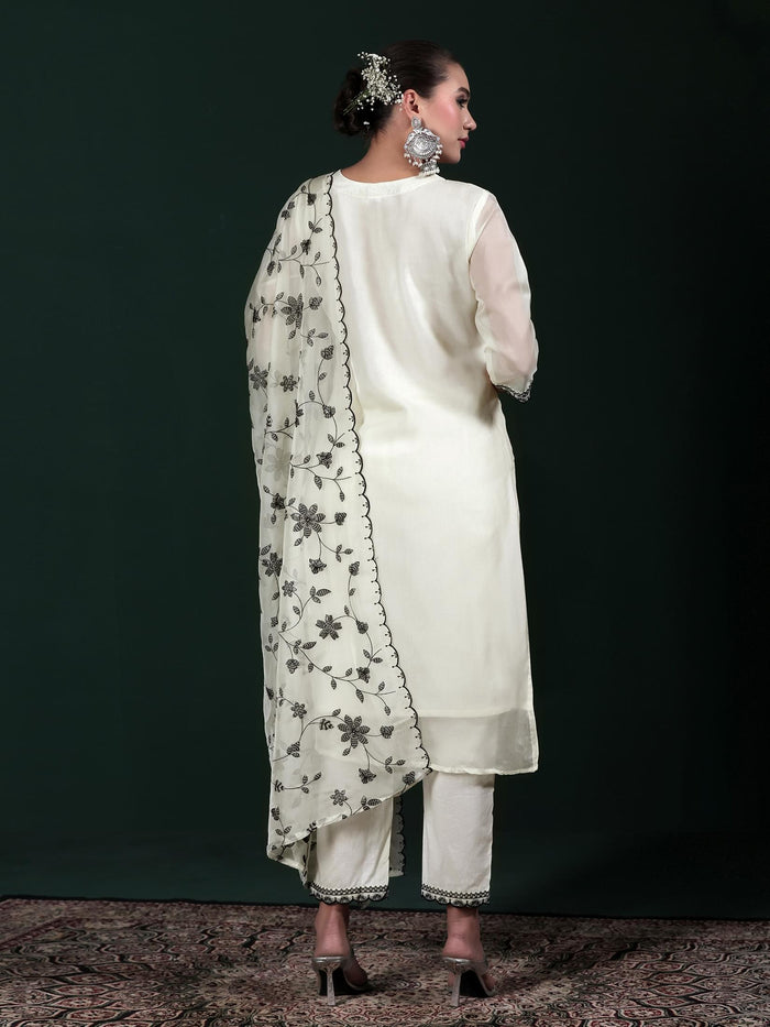 Women Off White Embroidered Kurta Comfort Pant Dupatta.
