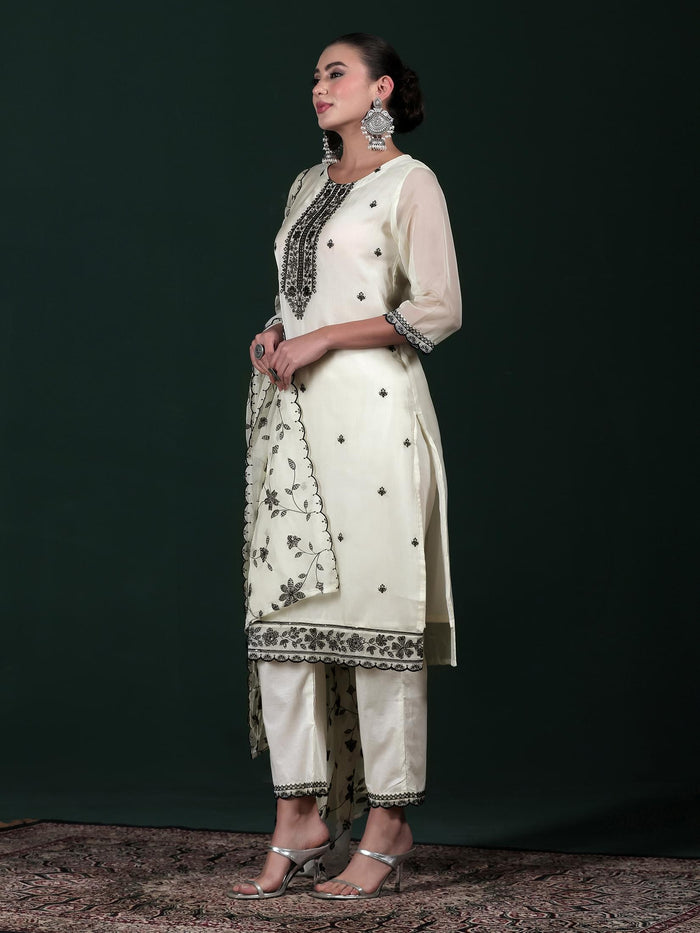 Women Off White Embroidered Kurta Comfort Pant Dupatta.