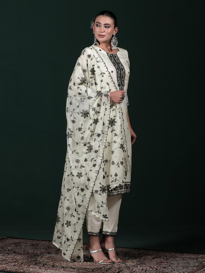 Women Off White Embroidered Kurta Comfort Pant Dupatta.