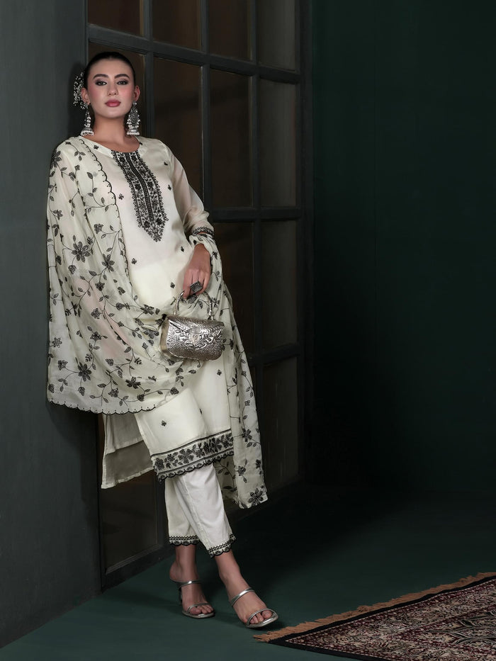 Women Off White Embroidered Kurta Comfort Pant Dupatta.
