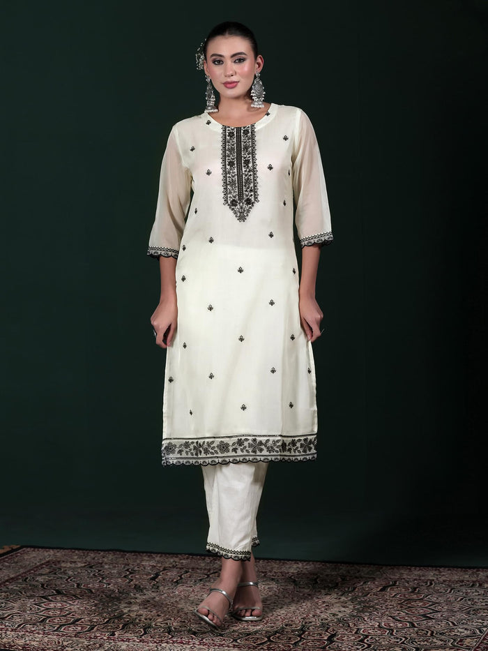 Women Off White Embroidered Kurta Comfort Pant Dupatta.