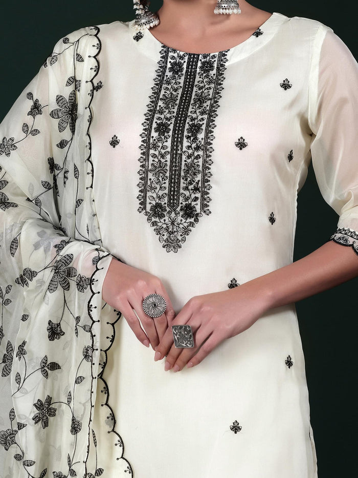 Women Off White Embroidered Kurta Comfort Pant Dupatta.