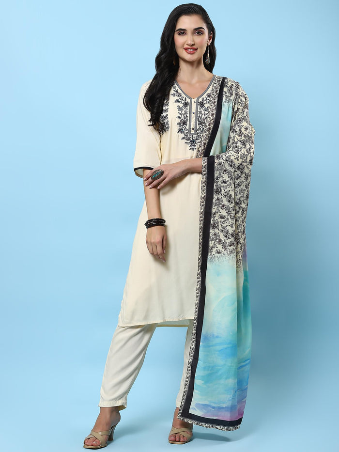 Women Off White Embroidered Kurta Trouser Dupatta.