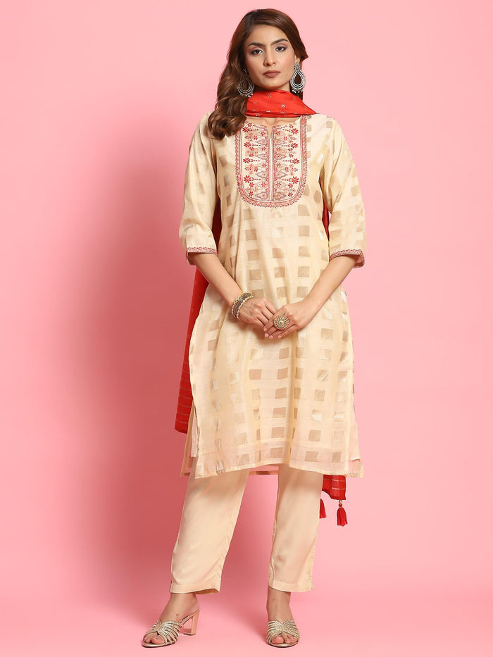 Women Off White Embroidered Kurta Trouser Dupatta.