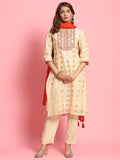 Women Off White Embroidered Kurta Trouser Dupatta.