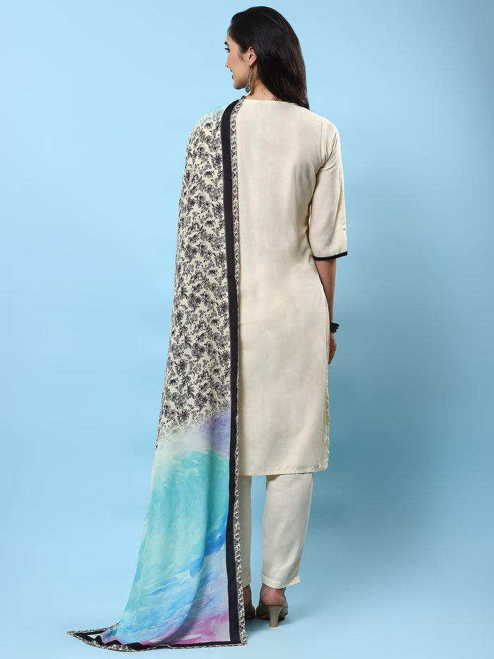 Women Off White Embroidered Kurta Trouser Dupatta.
