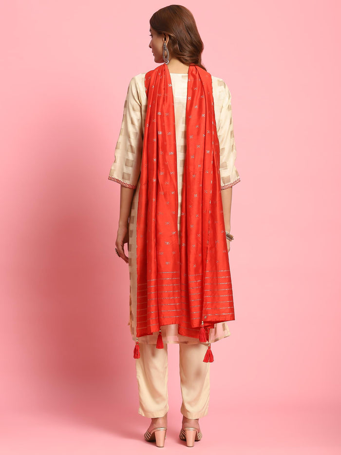 Women Off White Embroidered Kurta Trouser Dupatta.