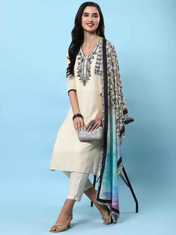 Women Off White Embroidered Kurta Trouser Dupatta.