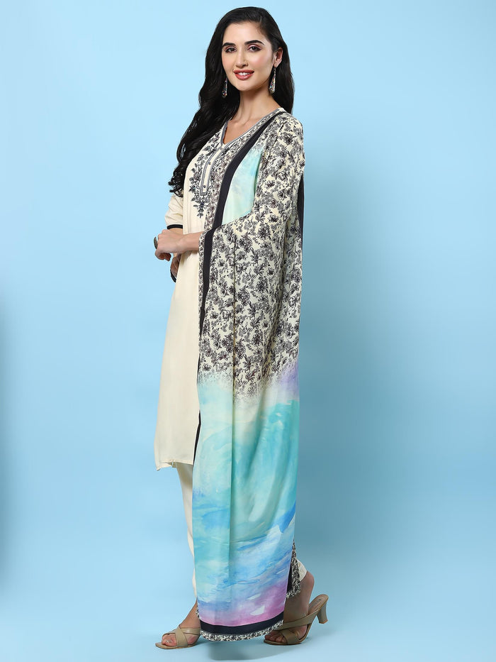 Women Off White Embroidered Kurta Trouser Dupatta.