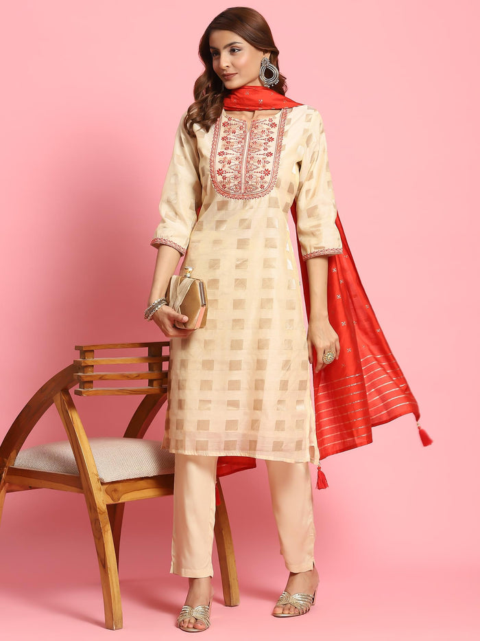 Women Off White Embroidered Kurta Trouser Dupatta.