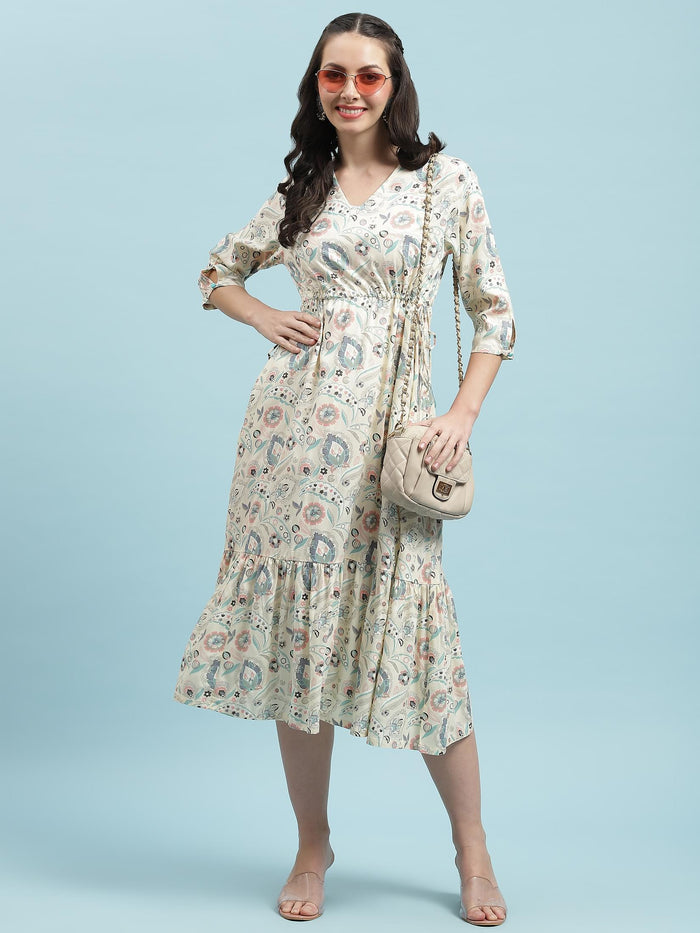 Women Off White Floral Printed Dress.