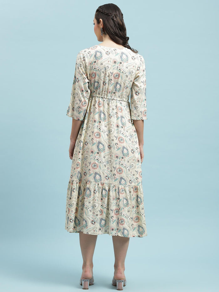 Women Off White Floral Printed Dress.