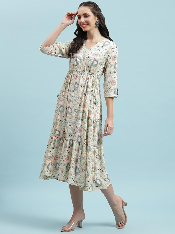 Women Off White Floral Printed Dress.