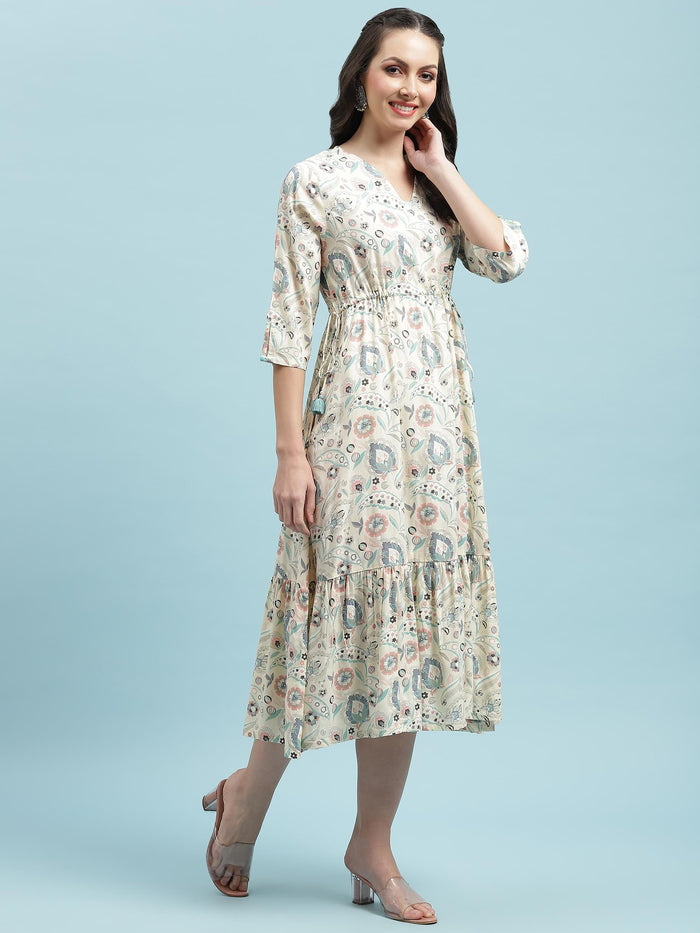 Women Off White Floral Printed Dress.