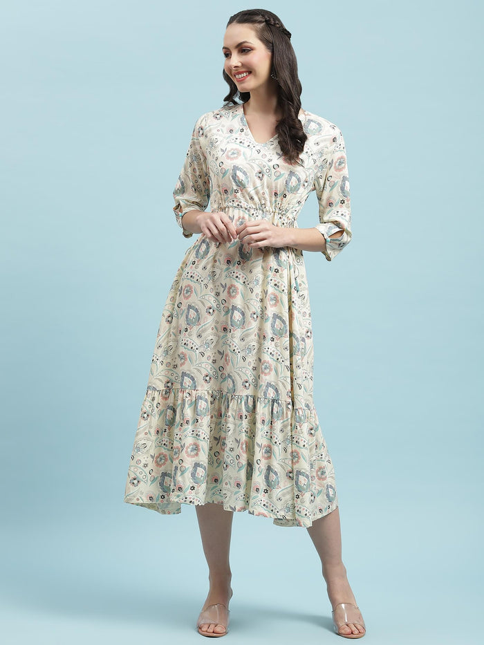 Women Off White Floral Printed Dress.
